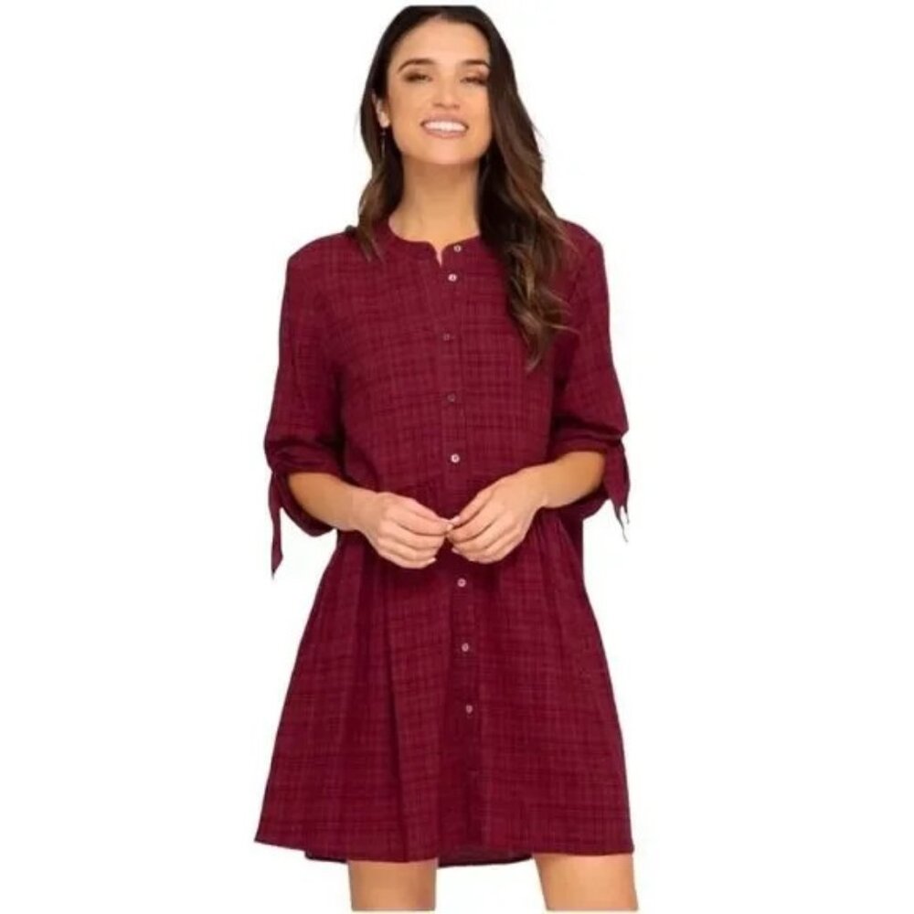 NWT SHE + SKY MERLOT RED PLAID TUNIC BUTTON DOWN SHIRT DRESS MEDIUM
